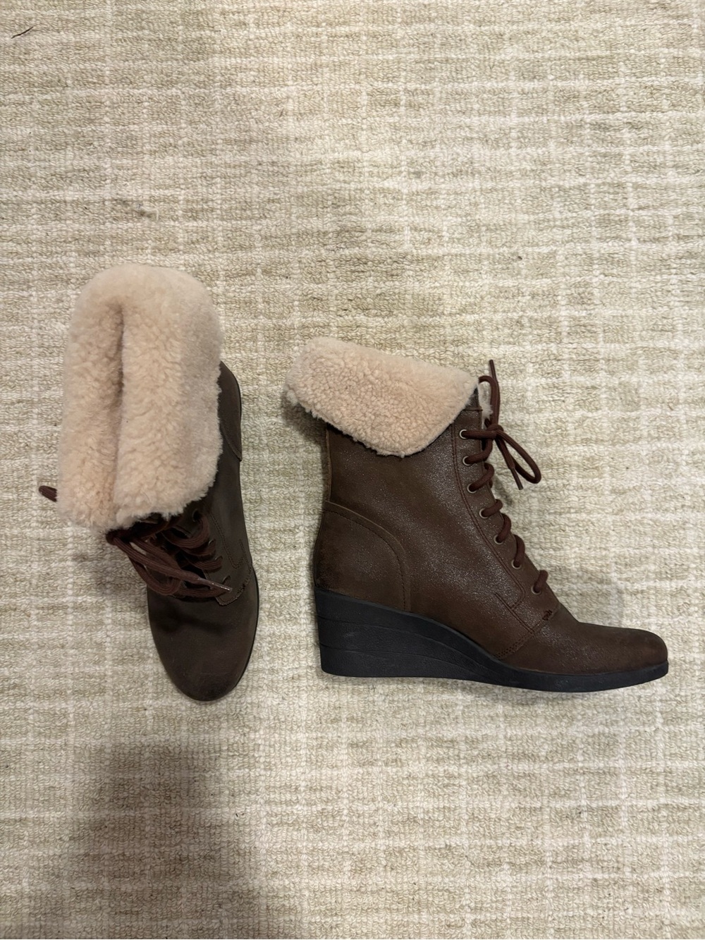 UGG Zea Waterproof Brown Lace-Up Wedge Ankle Boots with Shearling Cuff